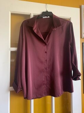 Women's Satin Button-Up Blouse - Burgundy